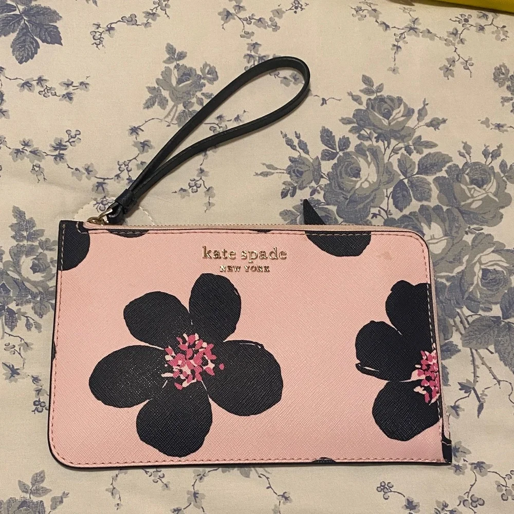 kate spade Pink Floral Wristlet with Black Strap